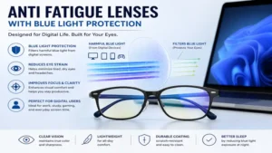 anti fatigue lenses blue light protection infographic showing reduced eye strain from digital screens
