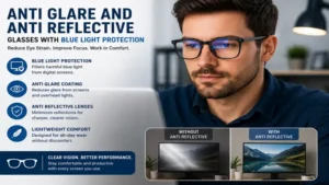 anti glare and anti reflective glasses with blue light protection for office and computer work
