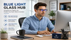 Blue light glass hub used in a modern office workspace for eye protection