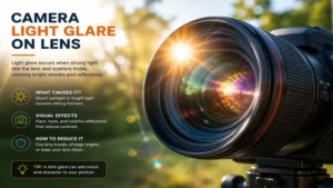 Close-up camera photography scene with strong light glare lens reflections and flare effects