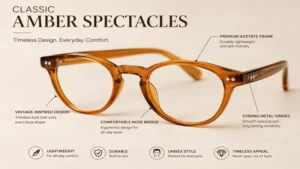 Close-up view of classic amber spectacles with transparent warm-toned frames