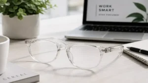 Clear eyeglasses with non prescription lenses placed on a clean modern workspace desk