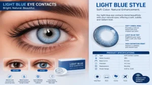 Close-up of light blue eye contacts with detailed lens analysis and natural blend effect