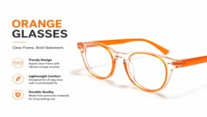 Trendy orange glasses with clear frames displayed on a clean white background