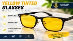 Close-up of yellow tinted glasses with lightweight frame for everyday wear
