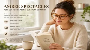 Woman wearing amber spectacles while reading indoors under soft natural light