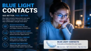 Woman wearing blue light contacts while working on a computer at night
