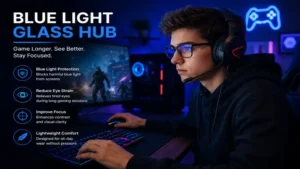 Gaming blue light glass hub reducing screen glare and digital eye strain