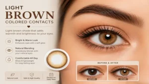Light brown colored contacts providing a warm and bright appearance for the eyes