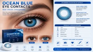 Ocean blue eye contacts with vibrant color enhancement and detailed lens structure analysis