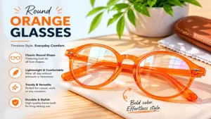 Close-up of round orange glasses showcasing lightweight everyday eyewear style