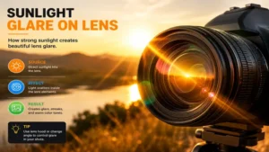Golden hour sunlight creating natural light glare lens streaks and warm reflections on camera lens