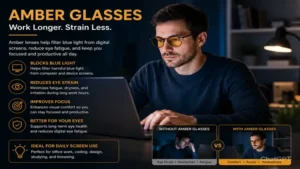 Amber glasses helping reduce blue light exposure during computer work and screen time