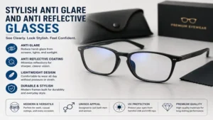 anti glare and anti reflective glasses with modern lightweight frame and premium stylish design