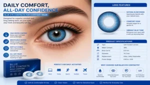 Comfortable blue eye contacts for daily wear with breathable material and hydration analysis