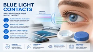 Blue light contacts filtering harmful blue light from phones and tablets