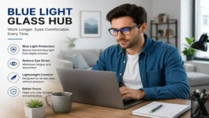 Blue light glass hub worn while working on laptop in home office