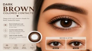 Dark brown colored contacts offering rich depth and definition for eye color transformation