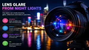 Vibrant city night lights producing colorful light glare lens effects and artistic reflections