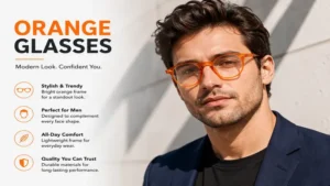 Man wearing orange glasses with a smart casual outfit for a contemporary fashion look