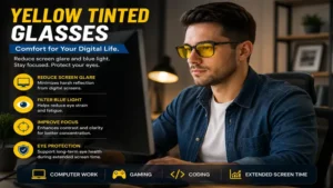 Person wearing yellow tinted glasses to reduce screen glare during computer use