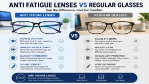 anti fatigue lenses vs regular glasses comparison showing reduced glare and improved eye comfort