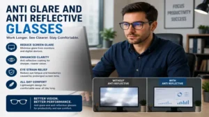 anti glare and anti reflective glasses helping reduce digital eye strain in office environments