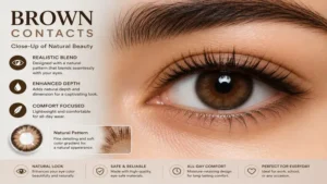 close-up of brown contacts showing realistic color blend and natural eye detail
