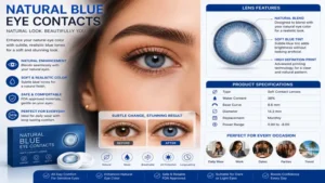 Natural blue eye contacts with subtle color enhancement and realistic lens pattern analysis