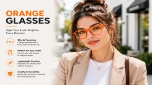Woman styling orange glasses with a chic urban outfit for daily wear inspiration