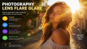Portrait photography enhanced with creative light glare lens flare and warm backlighting