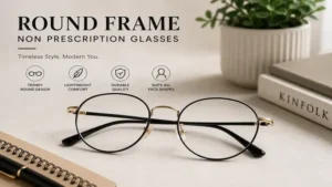 Round frame eyeglasses with non prescription lenses for a timeless minimalist style