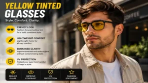 Trendy yellow tinted glasses paired with casual fashion outfit outdoors