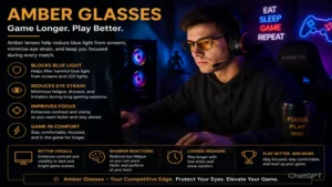 Amber glasses for gaming with blue light filtering and improved focus during long sessions
