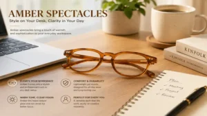 Amber spectacles placed on a wooden desk beside a laptop and notebook