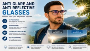 anti glare and anti reflective glasses with UV protection for outdoor and indoor eye comfort