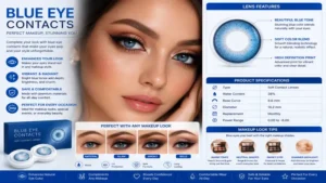 Glam makeup style featuring blue eye contacts with beauty enhancement and lens feature analysis