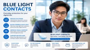 Professional using blue light contacts in a bright office environment