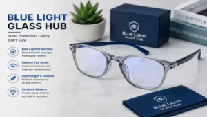 Stylish blue light glass hub with modern frame and clear lens design