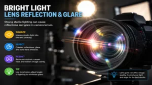 Studio lighting causing intense light glare lens reflections and rainbow flare artifacts