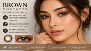 brown contacts paired with makeup for a soft and natural beauty look