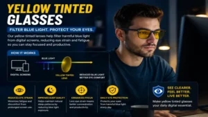 Yellow tinted glasses helping filter blue light for eye comfort and focus