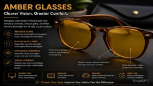 Close-up of amber glasses lenses designed to reduce glare and improve visual clarity