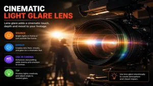 Cinematic filmmaking setup featuring dramatic light glare lens effects and professional camera gear
