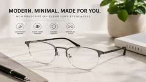 Modern eyeglasses with non prescription lenses featuring a sleek minimalist frame design