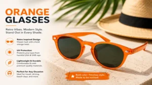 Bold orange glasses inspired by retro sunglasses fashion trends and colorful accessories