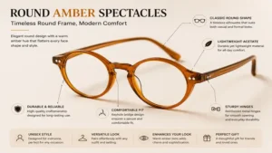 Round amber spectacles featuring elegant translucent acetate frames