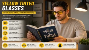 Yellow tinted glasses used for reading in a bright indoor environment