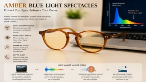 Amber blue light spectacles with protective lenses for screen use and eye comfort