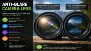 Anti-glare coated camera lens comparison reducing light glare lens reflections for sharper image quality
